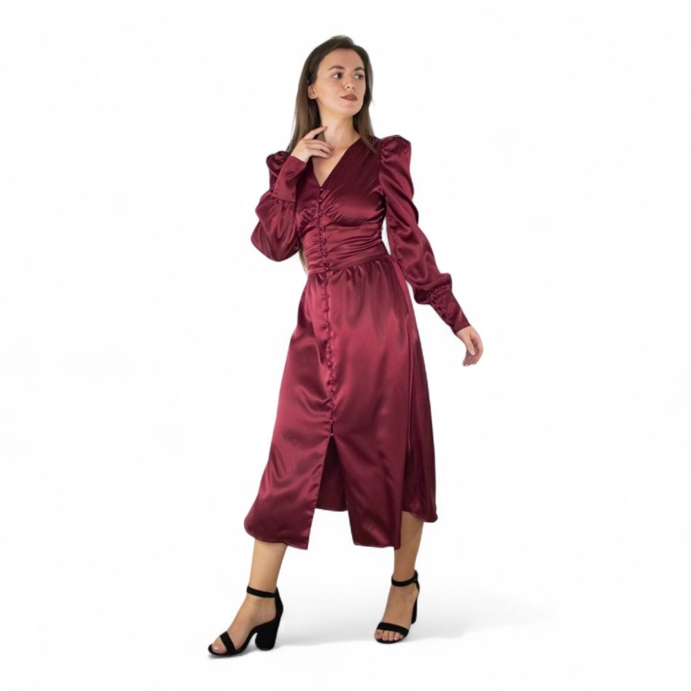 Lattelier 1940s 50s Cosplay Satin Bishop‎ Sleeve Button Midi Dress Sz L Burgundy